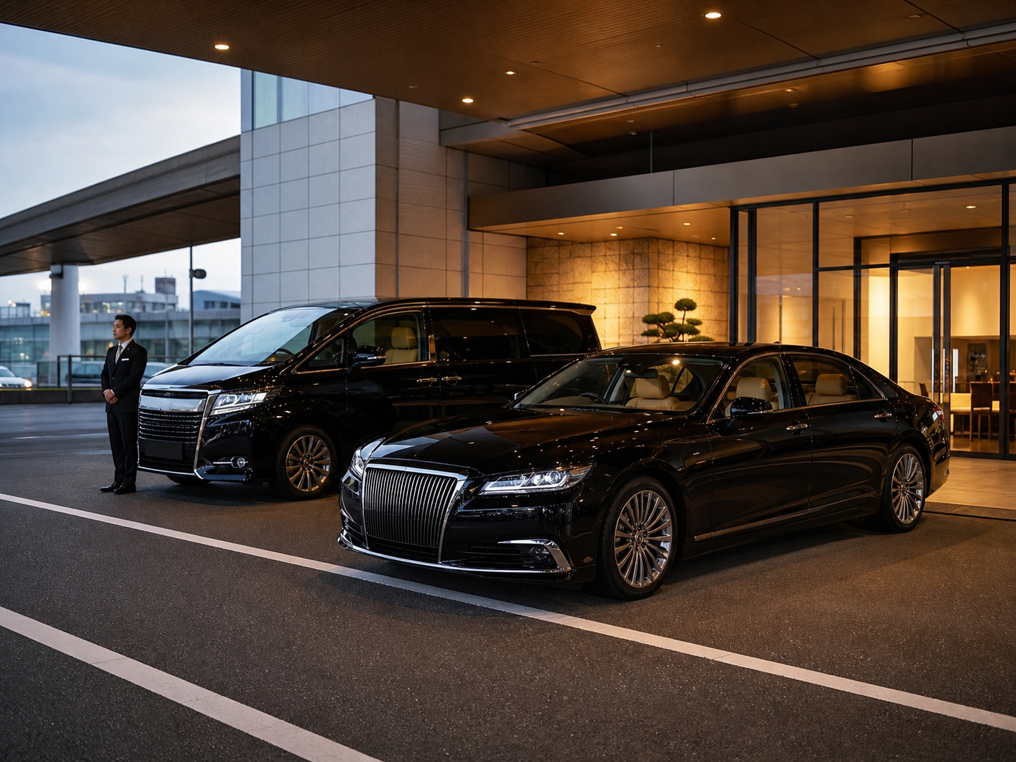 ホテル前に停車した黒のセダンとミニバン