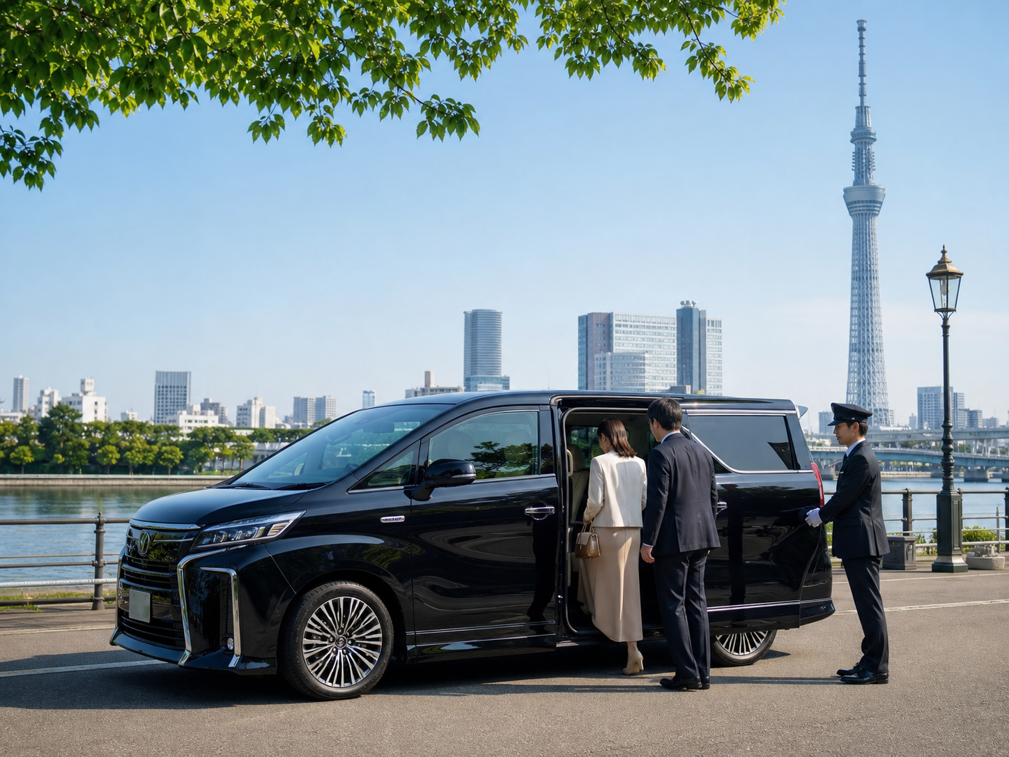 東京スカイツリーを望む場所で黒のミニバンに乗車するゲスト